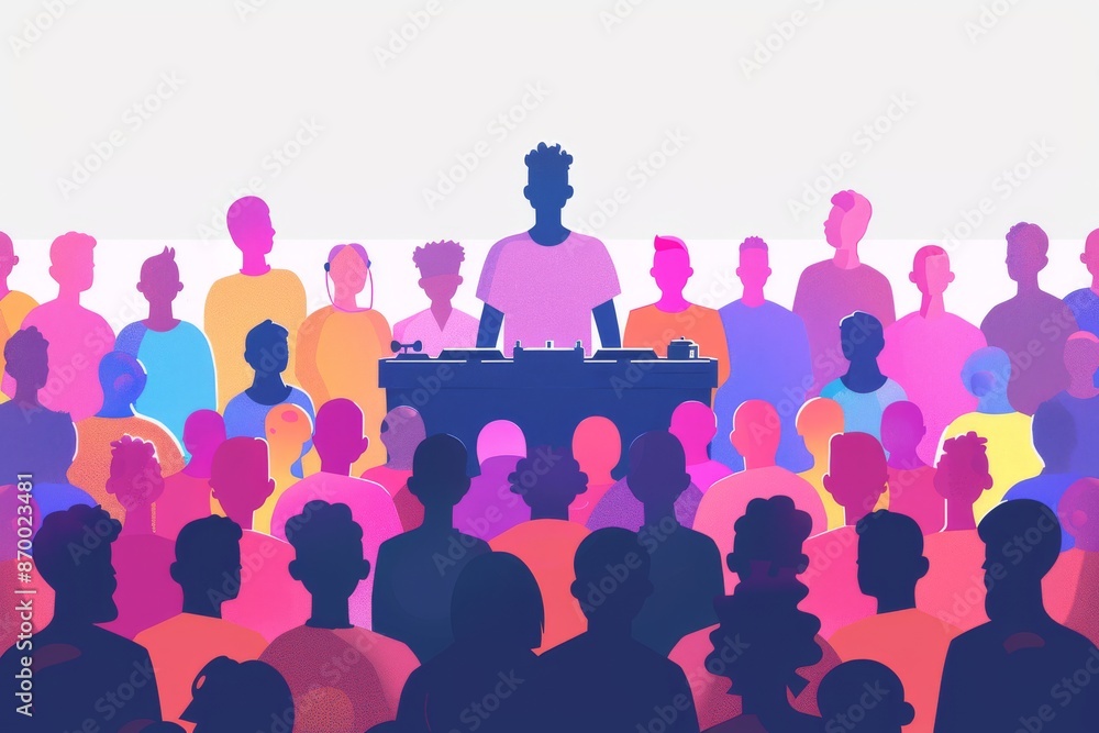 Poster abstract representation of a dj and crowd with vibrant colors and dynamic shapes