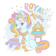 Greeting card with cute unicorn queen and lettering vector