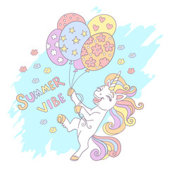 Greeting card cartoon unicorn with balloons and lettering vector