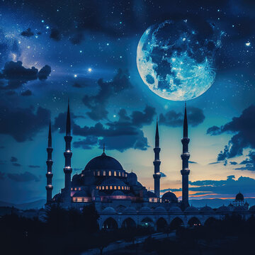beautiful mosque and night sky with moon
