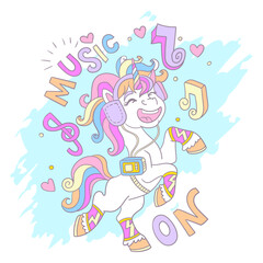 Greeting card with cute dancing unicorn and lettering vector