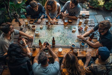 Friends Playing Board Game In Outdoor Cafe