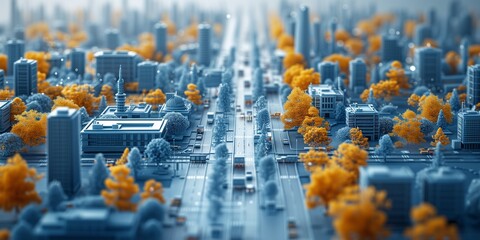 Aerial view of a miniature city with blue buildings and bright yellow trees. Concept of urban planning, sustainable living, and futuristic cities. 3D Illustration