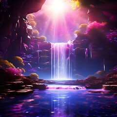a waterfall in a forest. The waterfall is surrounded by rocks and trees with pink flowers in fantasy world