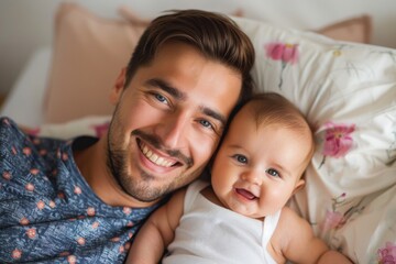 Fototapeta premium Father and baby smiling at camera