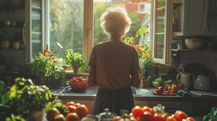 Retired senior woman retirement fun hobby plan cooking food prep, baby boomer woman in the kitchen.   People lifestyle photo. 
