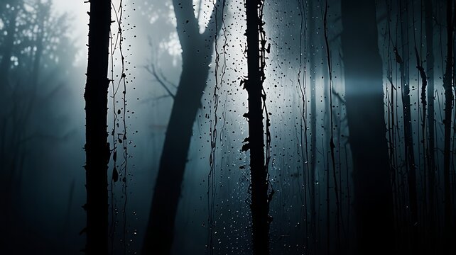 A Misty Forest With Silhouettes Of Trees And Visible Raindrops, Creating A Serene Yet Mysterious Atmosphere 