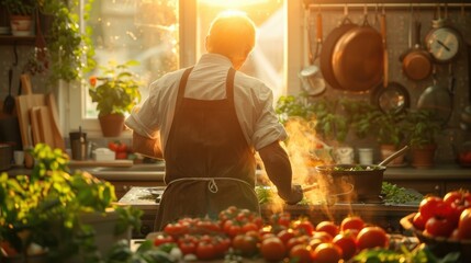 Retired senior man baby boomer retirement fun hobby plan cooking food prep in the kitchen.  People lifestyle photo. 