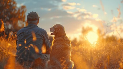 Retired senior baby boomer man in fun retirement enjoying being with his dog outside in peaceful nature at sunrise or sunset.  People lifestyle photo. 