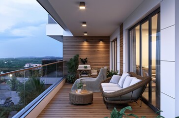 Modern luxury balcony with comfortable seating