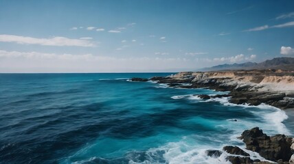 Fototapeta premium A serene coastal scene where the deep blues and turquoises of the sea meet a rugged shore, all under a vast, clear sky