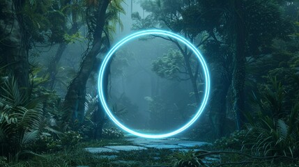 3d rendering of blue lighten circle shape surrounded by jungle trees
