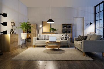 Interior of living room with comfortable sofas, table and glowing lamps