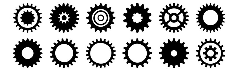 Gear silhouettes set, pack of vector silhouette design, isolated background