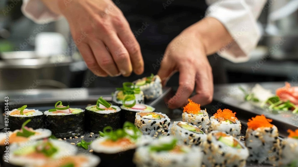 Poster a person preparing sushi rolls using buckwheat groats instead of traditional sushi rice adding a uni