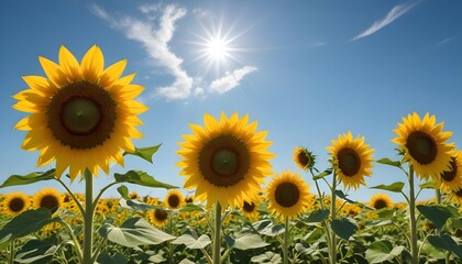 Fototapeta premium A vast sunflower field under a clear blue sky, with golden petals swaying in the gentle breeze.