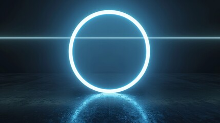 3d render, abstract futuristic background, neon light, glowing ring, circle, blank round frame, copy space, cosmos.
