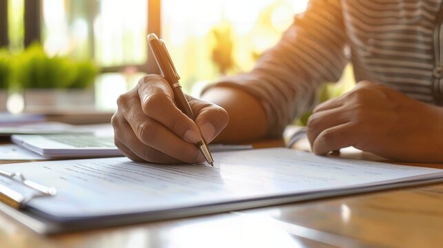 Close-up of a person hand writing on a document with a pen, with sunlight streaming in from the window in the background.