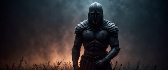 Fototapeta premium Armored Warrior Medieval Helmet Battlefield Misty Atmosphere Dark Ambiance WarriorS Muscles Armor Ancient Weapon Rugged Terrain Fiery Horizon Background Wallpaper