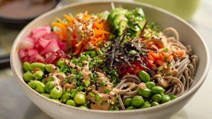 An indulgent power bowl featuring buckwheat noodles edamame and a creamy peanut sauce sure to satisfy your lunch cravings.