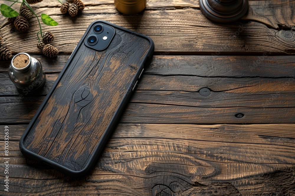 Sticker wooden phone case on rustic wooden table