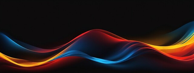 Fototapeta premium Mysterious textured gradient background with dynamic neon color wave against black, abstract red yellow blue poster cover with space for text.