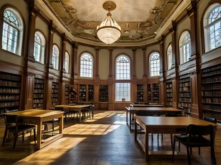 A large and luxurious library with tables and chairs with a large fireplace in the center