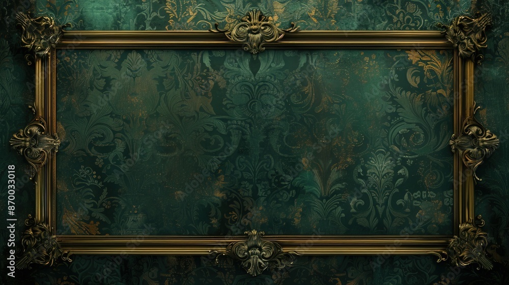 Wall mural Rich Renaissance Background with Dark Green Brocade and Gold Leaf Frame