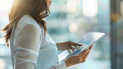 Businesswoman using a tablet computer in a modern office environment. Concept of business technology, professional work, and digital communication.