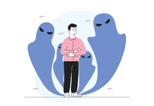 Man with fear. Young guy with shadows. Emotional stress and frustration, depression. Mental and psychological problems. Paranoia and schizophrenia. Linear vector illustration