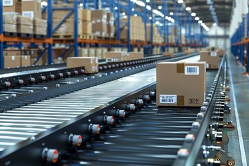 Conveyor belt in a warehouse distributes cardboard boxes for e-commerce.