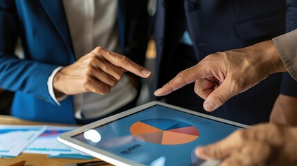 Business professionals discussing data analysis on a tablet, focusing on a colorful pie chart during an important meeting.