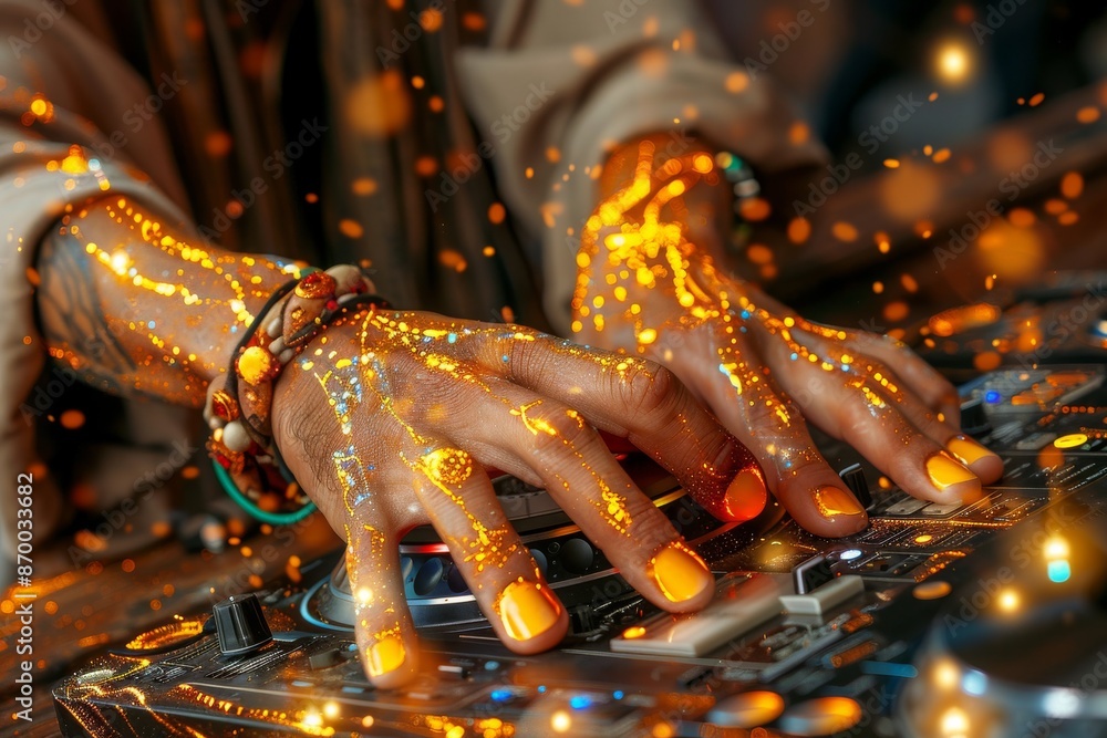 Poster close up of djs hand on a turntable with vibrant golden lights creating a dynamic mood