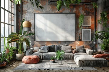 Modern Industrial Living Room With Large Window, Greenery, and Sectional Sofa