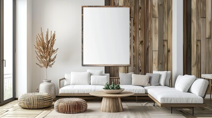 Stylish Scandinavian Background with Clean Lines and Natural Wood Textures and a Simple White Frame