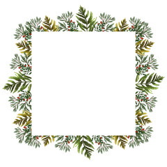 Wild forest foliage fern, cypress, watercolor botanical border frame template, cowberry, autumn, fall time. Floral design background, copy space, space for text