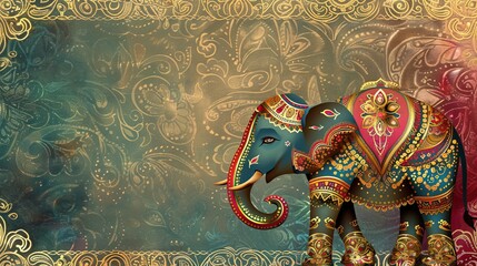 Luxurious Indian Background with Vibrant Jewel Tones and Gold Paisley Patterns and an Ornate Elephant Frame