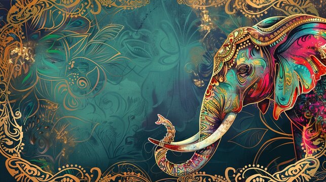 Luxurious Indian Background with Vibrant Jewel Tones and Gold Paisley Patterns and an Ornate Elephant Frame