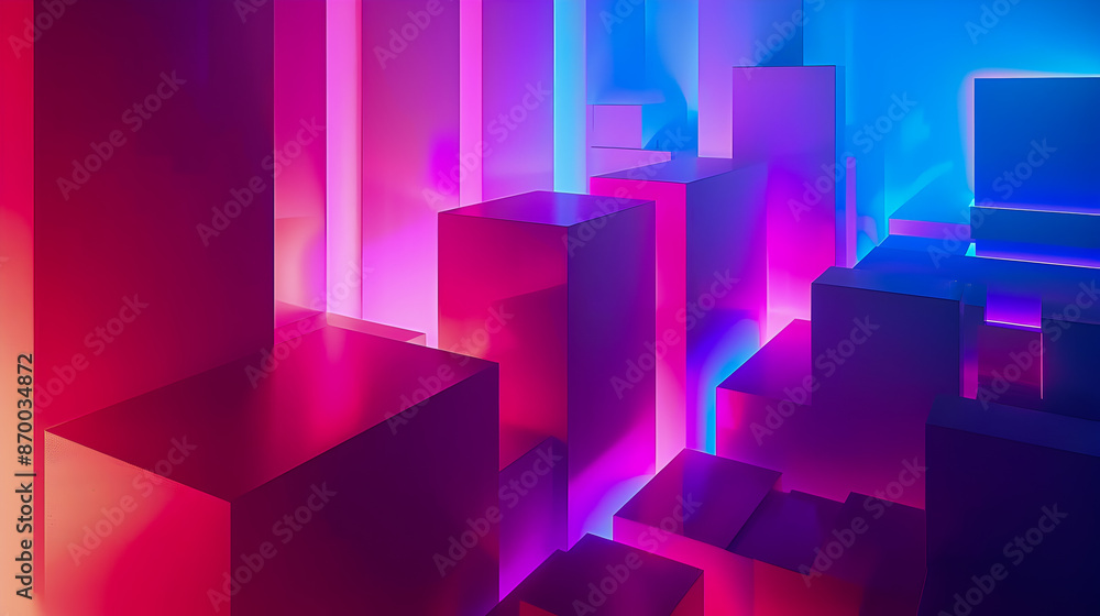 Poster vibrant neon geometric abstraction with decagonal motifs and angular fragments minimalist digital fe