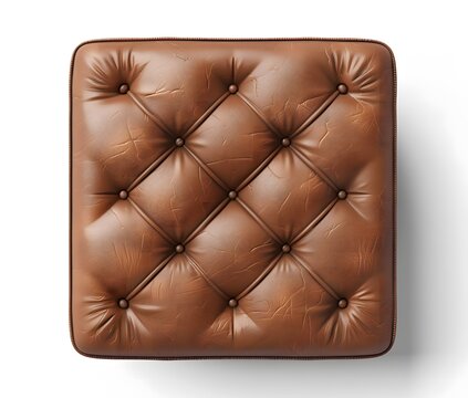 Top view of a square brown leather chair cushion on a white background.

