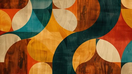 Chic Mid-Century Modern Background with Retro Geometric Patterns and a Sleek Teak Wood Frame