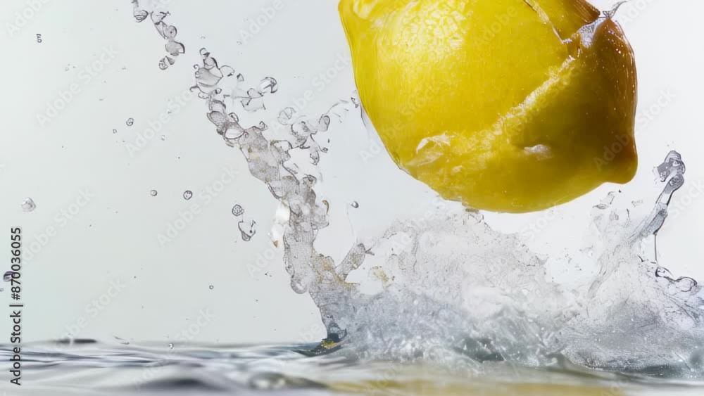 Poster lemon splashing into water, creating droplets and ripples