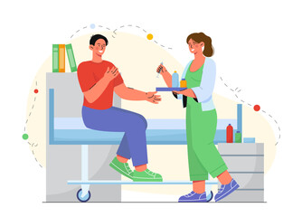 Man with injection. Doctor gives injection to patient. Young guy getting vaccinated. Diagnosis and treatment, prevention. Antivirus vaccine. Cartoon vector illustration