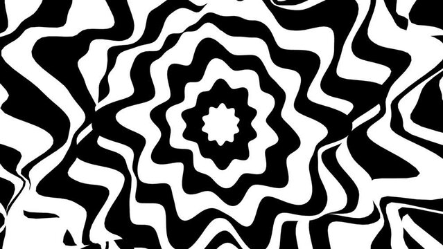 rounded distorted decagonal star or flower like shape monochrome BW psychedelic audio shaking vibration rotation optical illusion. Abstract hypnotic animated background. Spiral geometric looping monoc