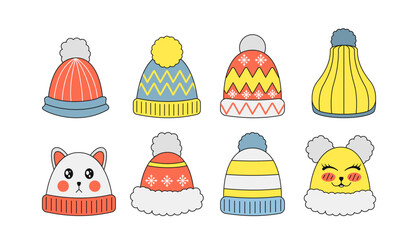 Set of hats. Clothes for winter season and cold weather. Warm apparel elements. Fashion and style. Woolen, knitted garment. Linear vector collection