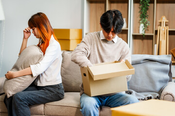 Young woman, young man, and Asian people navigate relationship challenges in the living room. From arguments and anger to sulking, breakups, and moving out, emotions unfold.