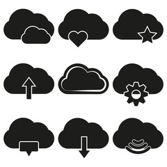 Cloud icons set. Various cloud symbols. Black and white design. Vector illustration.