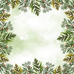 Wild forest foliage fern, cypress, watercolor botanical border frame template, cowberry, autumn, fall time. Floral design background, copy space, space for text
