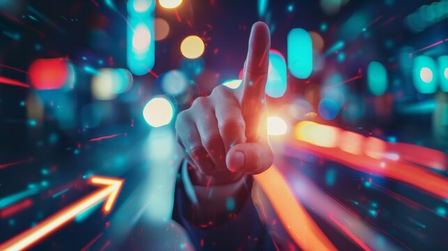 A hand pointing forward against a vibrant background of colorful lights and streaks, representing innovation, progress, and direction. - Powered by Adobe