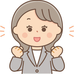 ガッツポーズをするスーツの女性